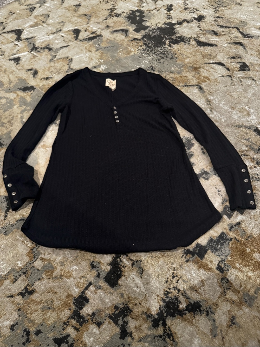 Women's Black Long-Sleeve Henley Top with Button Cuffs